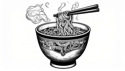 Vintage Bowl of Steaming Noodles with Chopsticks in Monochrome Illustration