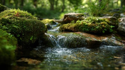 Close-up of clear water bubbling over moss-covered rocks in a serene forest setting 