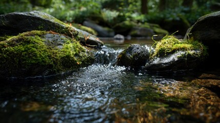 Close-up of clear water bubbling over moss-covered rocks in a serene forest setting 
