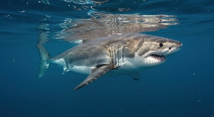 Naklejka premium Majestic Great White Shark, Underwater Encounter, Powerful Jaws, Oceanic Depth