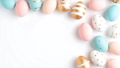 Pastel-colored eggs frame a white background