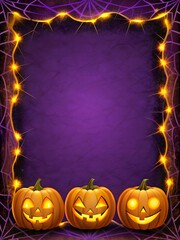 Photo of three carved halloween pumpkins with glowing faces form the bottom border of a purple background framed by spiderwebs and warm yellow lights