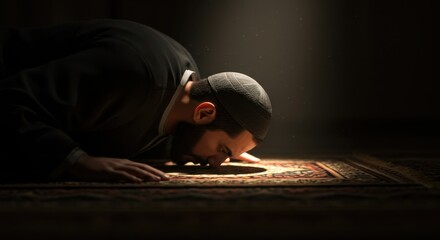 A Muslim Man in Humble Prayer:  A Moment of Devotion and Spirituality
