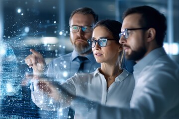 Three professionals wearing glasses analyze a futuristic digital interface with holographic data in a high-tech office environment.