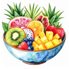 Vibrant Watercolor Illustration of Tropical Fruits in a Ceramic Bowl with Green Leaves