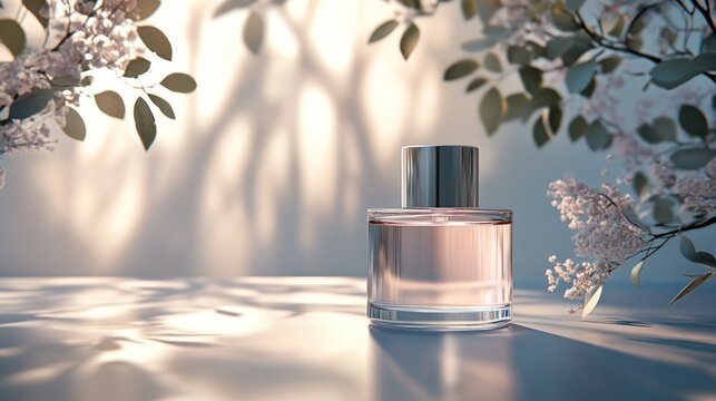 Perfume bottle display, soft light, nature background, ideal for advertising