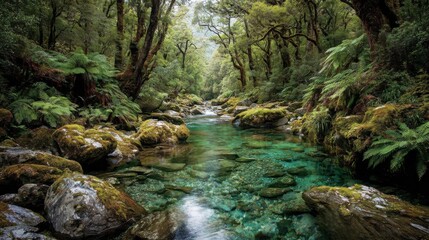 Obraz premium Crystal-clear river flowing through a dense rainforest, surrounded by vibrant green ferns and moss-covered rocks 