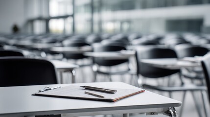 Students taking exam in modern classroom educational institution photography indoor setting wide angle academic focus