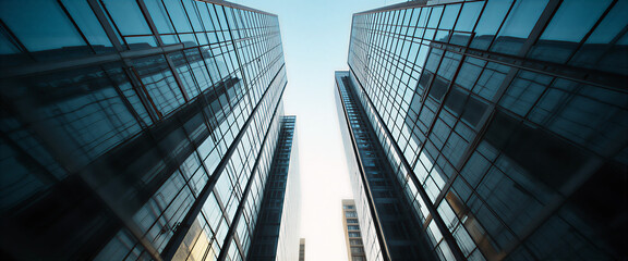 Urban skyscrapers with sleek glass facades and steel supports, captured in a vertical composition, emphasizing the height and stark geometry of the cityscape. Architectural lines dominate, with deep s