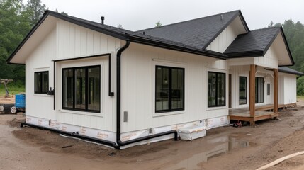 Modern home construction progress suburban area real estate outdoor environment wide angle view building concept for homebuyers