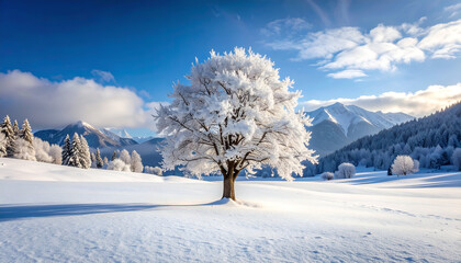Snowy Tree with Winter Mountain Landscape.