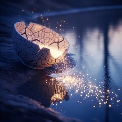 Mystical glowing orb, a cracked shell of potential on a calm pond, with shimmering light spilling into the water at dusk. Serene and hopeful, a symbol of new beginnings.