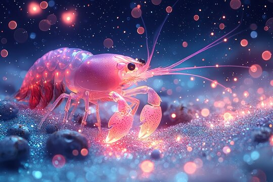 Pink crustacean, glowing in sparkly,  night scene