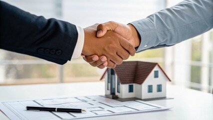 Business professionals shaking hands over a real estate contract with a house model on the table, symbolizing a successful deal.