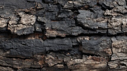 Naklejka premium The close-up view features a charred wooden surface displaying deep cracks and varied textures, illustrating the effects of fire damage and time on natural wood.