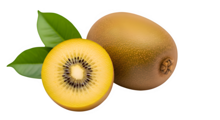 Vibrant golden kiwi fruit, one halved revealing juicy yellow flesh and black seeds, with fresh green leaves, perfect for healthy eating and culinary inspiration