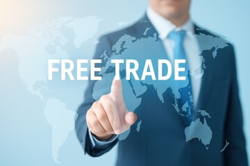 Tariff. A businessman interacts with a digital map highlighting free trade concepts.