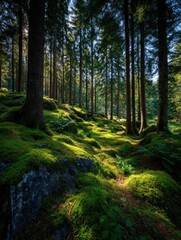 Obraz premium Sunlit mossy forest floor