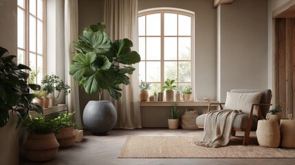 Serene Interior with Potted Plants: Natural Light, Minimalist Design, and Cozy Home Decor Elements