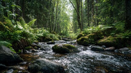 Fresh mountain stream running over smooth stones in a forest, framed by soft light and vivid greenery 
