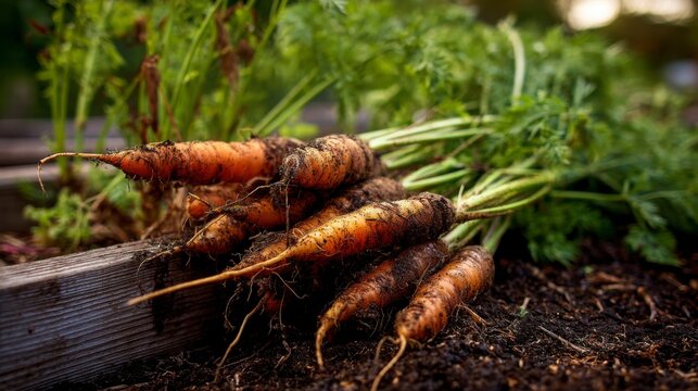 Freshly harvested carrots laid on the edge of a raised bed, soil still clinging to roots 
