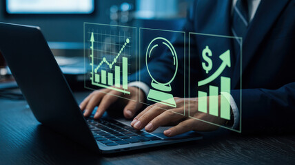Analyzing financial data and stock market trends with laptop for investment and business growth strategy