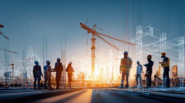 Construction Team Inspecting Building Plans on Site at Sunset, Engineers and Architects Working Together