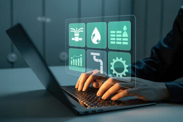 Person interacting with a futuristic holographic display of industry icons