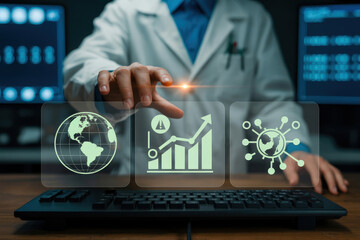 Doctor using futuristic interface technology for global health data analysis and medical research
