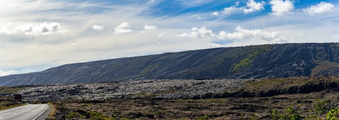 Chain of Craters Road Scenic Drive Through Volcanic Lava Fields to the Ocean, Hawaii Volcanoes National Park, Big Island - Panorama