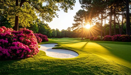 A stunning golf course framed by beautiful pink azaleas and lush green fairways under clear sky