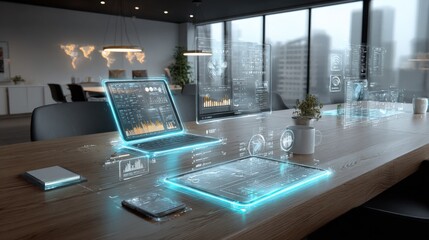 Modern Office Technology Concept: Laptop, Tablet, and Smartphone with Digital Interfaces on Wooden Table