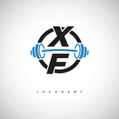 XF Fitness Logo with  Icon Creative Minimal Barbell symbol for Gym Branding. Active Lifestyle Identity Design