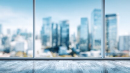 Modern Office Space with Blurred City View and Polished Floor, Ideal for Business Backgrounds