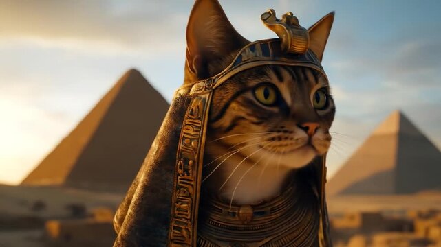 Cat pharaoh adorned in gold before pyramids at sunset
