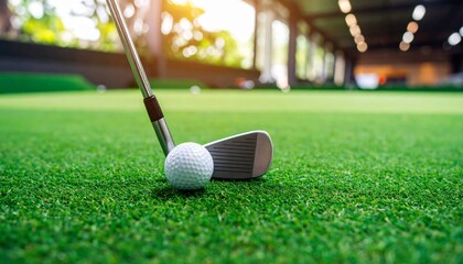 Golf putter and ball positioned on a putting green inside a golf simulator ready for action