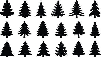 Collection of pine tree silhouettes, flat vector evergreen icons, forest trees set, black nature graphic design, winter season illustration packCollection of pine tree silhouettes,
