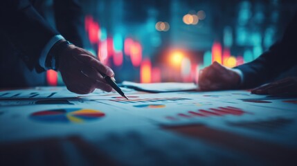 Financial Analysts Reviewing Data Charts and Graphs, Analyzing Market Trends for Investment Strategy, and Developing Business Solutions