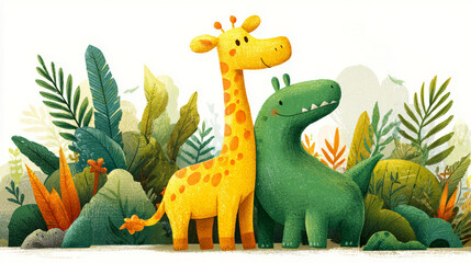 Naklejka premium Cute cartoon giraffe and dinosaur standing together in colorful jungle with green and orange leaves, playful and friendly animal illustration