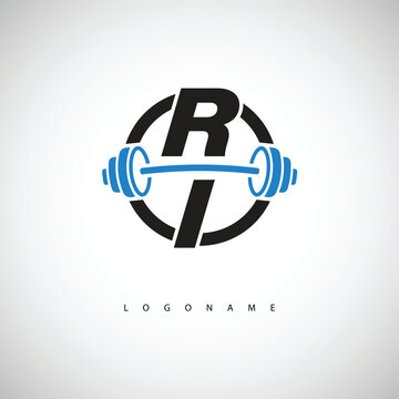 RI Fitness Logo with  Icon Creative Minimal Barbell symbol for Gym Branding. Active Lifestyle Identity Design