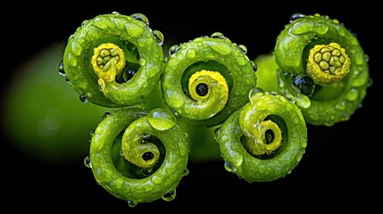 Nature action dew-kissed green spirals close-up botanical environment macro viewpoint beauty in detail