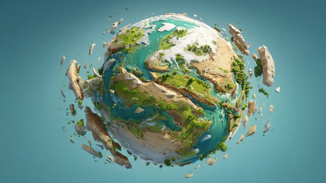 Highly detailed and realistic 3D rende of Earth globe with landmasses and oceans seen from space with a blue background
