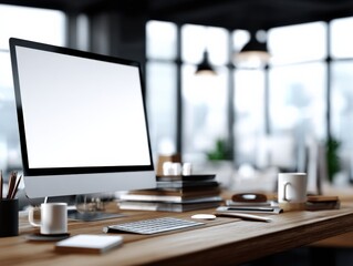 Modern Workspace Mockup with Blank Computer Screen on Wooden Desk in Bright Office