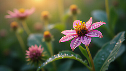 Botanical close-up of intricately detailed wildflowers and dew-covered leaves, centered composition with dynamic diagonal leading lines. Shot under natural diffused sunlight, capturing dew glistening 