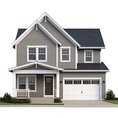 Gray suburban house with white trim and garage isolated on white background