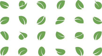 Collection of green leaf icons, flat vector illustration, eco nature design, organic elements, foliage shapes, botanical graphic, isolated leaves set