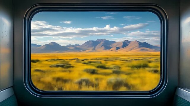Train window view of a vast sunlit grassland and distant mountains