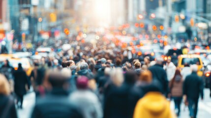A vibrant street bustling with pedestrians and vehicles at sunset, showcasing the energy of city life. The warm light casts a glow on the crowded scene, creating a lively atmosphere.