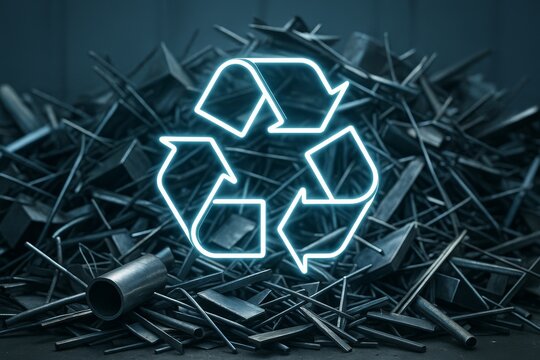 Glowing recycling symbol over pile of scrap metal illustrating environmental sustainability and creative waste reuse concept in dark background light.. Ai generative
