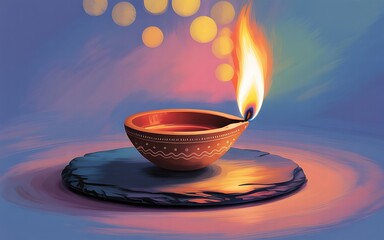 Glowing diya on stone with bokeh lights flame lamp